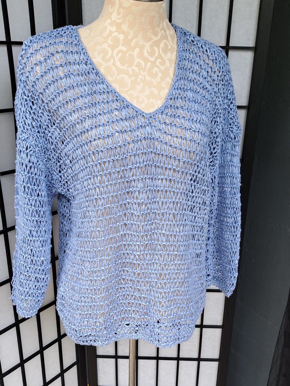 Chico's Light Blue Open-Knit V-Neck Sweater Shirt